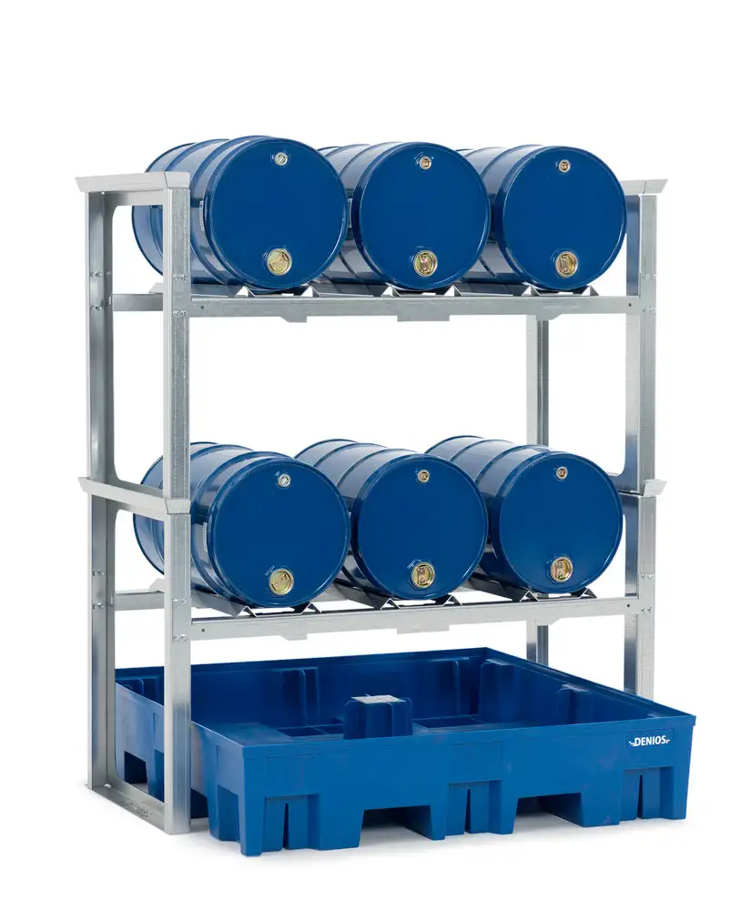 Scaffal. per fusti/stazione di travaso per 6 fusti da 60 l., con vasca in plast., 1429x1235x1637 mm