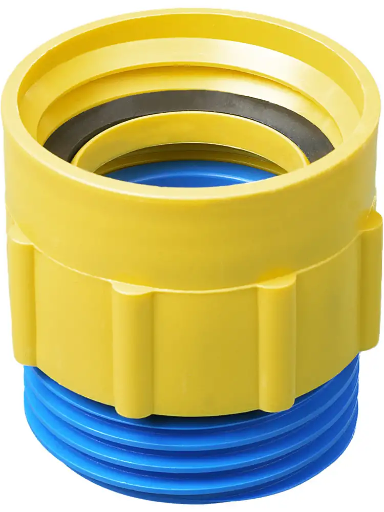 Adattatore filettato PP esterno-interno, S 64x5 su S 61x6 (ISO61), giallo/blu