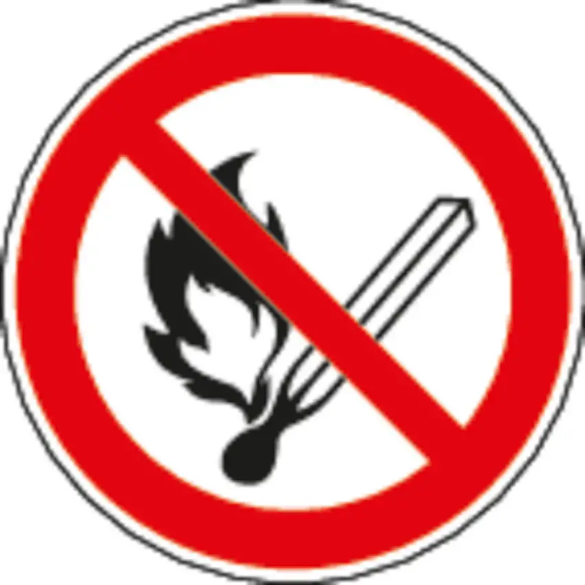 Segnale divieto Vietato fumare o usare fiamme libere, ISO7010, pellicola, ades. 100mm, conf. 20pz.