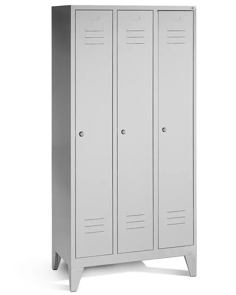 Armadietto spogliatoio Cabo, con 3 scomparti armadio, L 900, P 500, H 1850 mm, con piedi, grigio