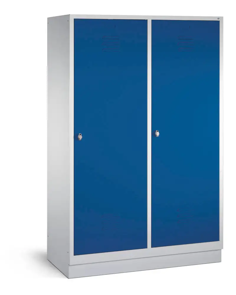 Armadietto spogliatoio Cabo, 4 scomparti, L 1190, P 500, H 1800 mm, zoccolo, grigio/blu, 2 porte