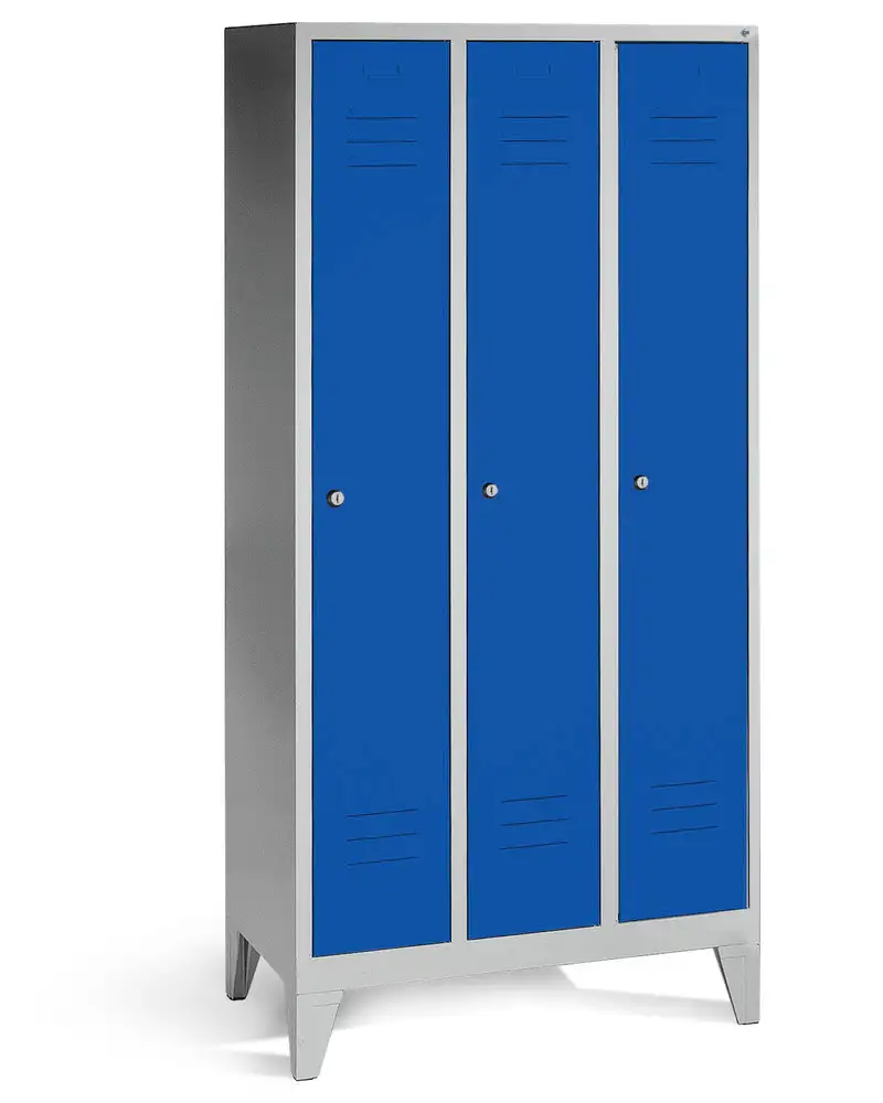 Armadietto spogl. Cabo, 3 scomparti armadio, L 900, P 500, H 1850 mm, con piedi, grigio/porte blu