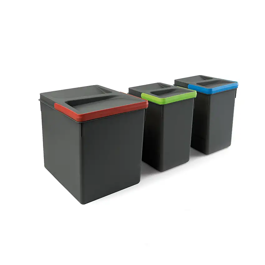 Emuca Kit di contenitori per la raccolta differenziata per cassetti da cucina Recycle Altezza Recycle 266 mm, 1x15 lt, 2x7 lt, Grigio antracite Tecnoplastica