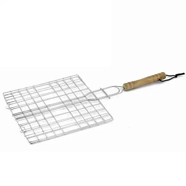 Graticola per barbecue, griglia in acciaio con manico in legno a barre di alta qualità 40 x 20 cm