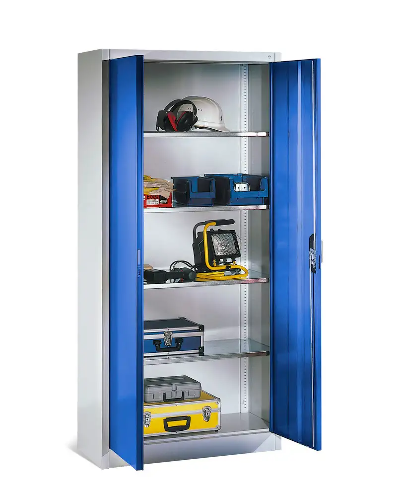Armadio per utensili e materiali Cabo, con 4 ripiani, L 930, P 400, H 1950 mm, grigio/blu
