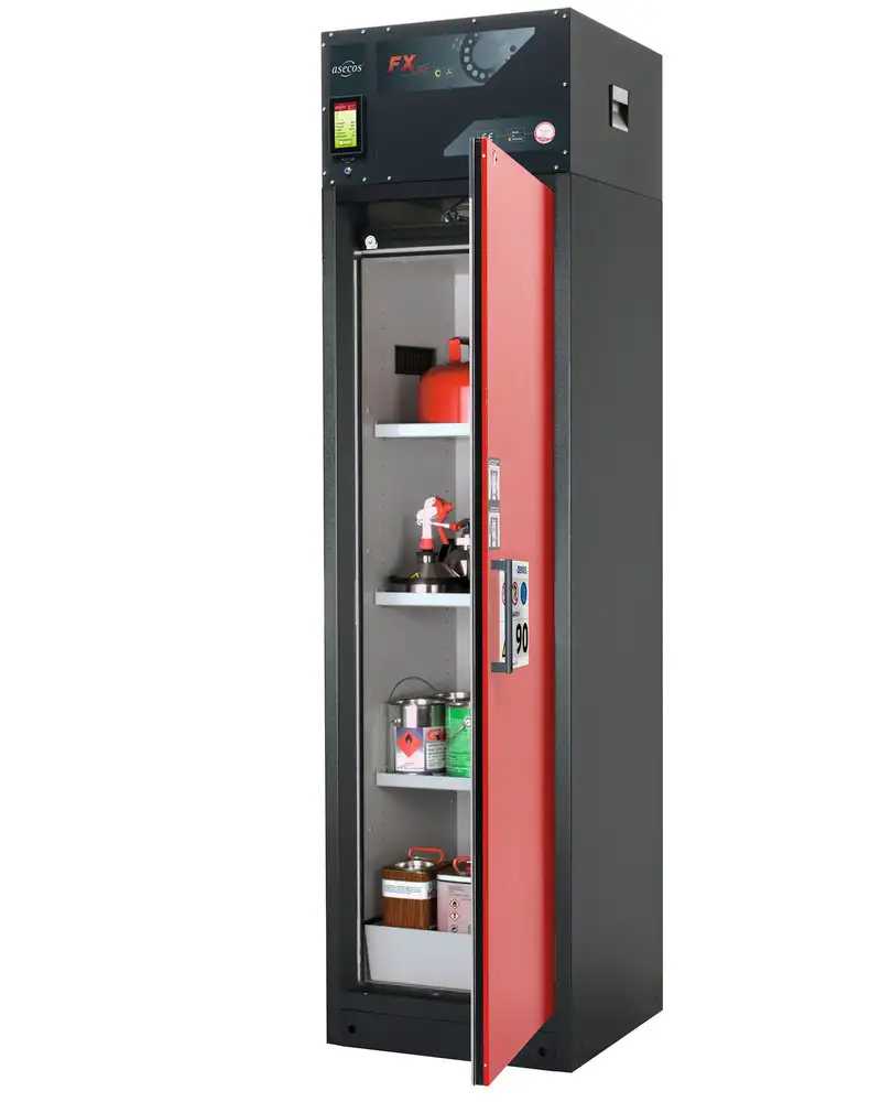 Armadio antinc. asecos Custos A-63-R per sost. peric., con ricircolo d’aria, porta rossa, 3 ripiani
