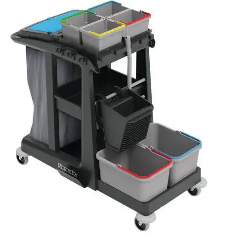 Carrello con supporto per sacchetti, vano portaoggetti, kit di lavaggio