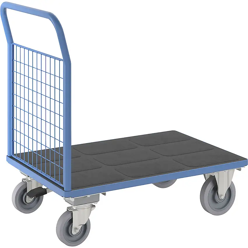 Carrello a pianale – eurokraft pro 1 sponda alta in griglia su un lato corto, con bloccaggio centrale