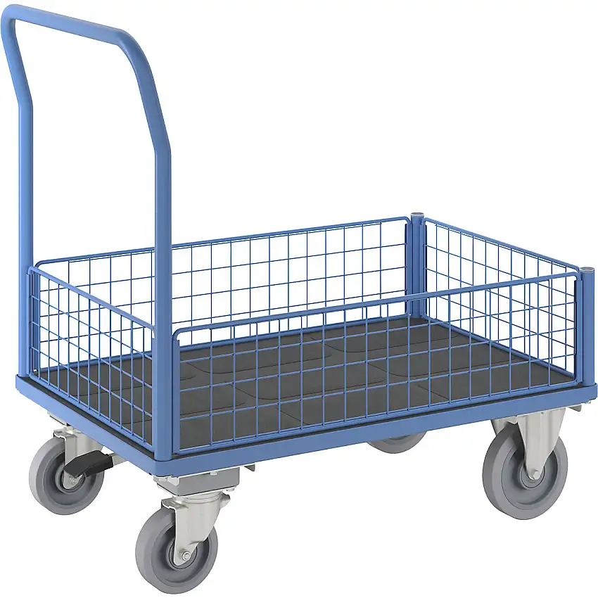 Carrello a pianale – eurokraft pro 4 sponde in griglia a metà altezza, con bloccaggio centrale
