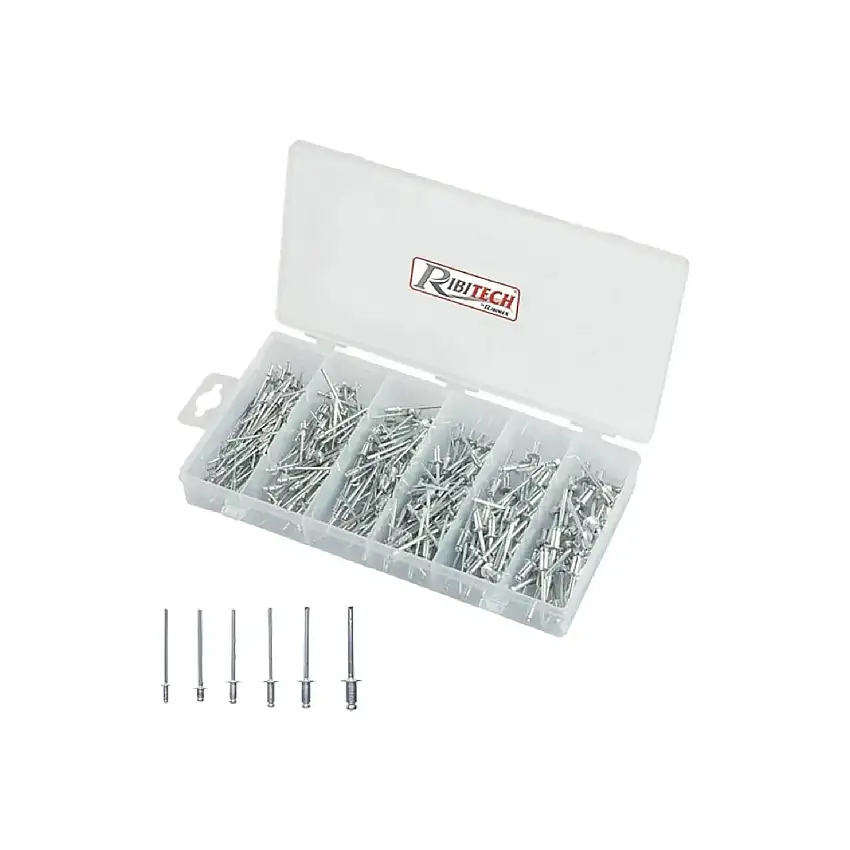 Assortimento rivetti con testa in alluminio e chiodi d'acciaio in cassetta di plastica da 320 pezzi