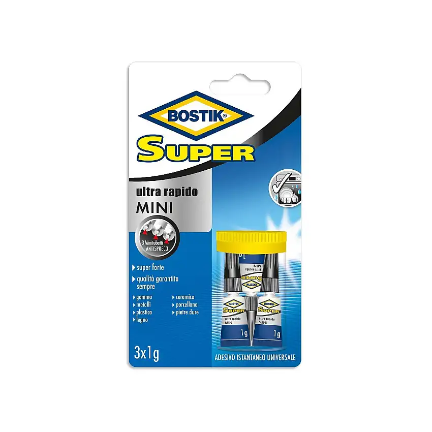 Adesivo istantaneo universale "Super mini" resistente in confezione da tre pezzi da 1 gr