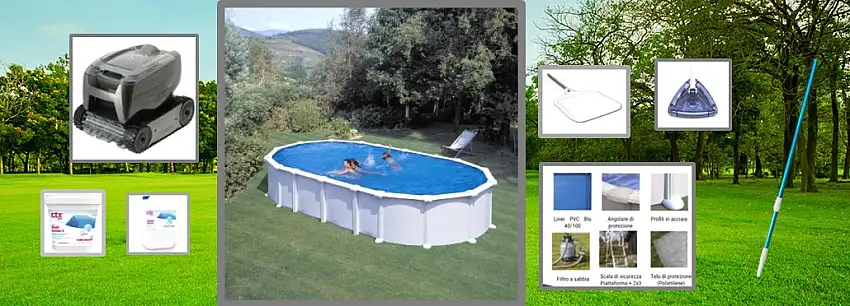 PRO Piscina GRE Piscina fuori terra Ovale in acciaio serie HAITI 730x375 h 132 cm - KITPROV7388+ robot Pulitore OT 3200 ZODIAC + Kit prodotti mantenimento/ retino / spirafango / asta telescopica
