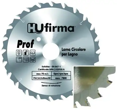 LAMA CIRCOLARE HU-FIRMA LEGNO 24 DENTI WIDIA F30 170 MM