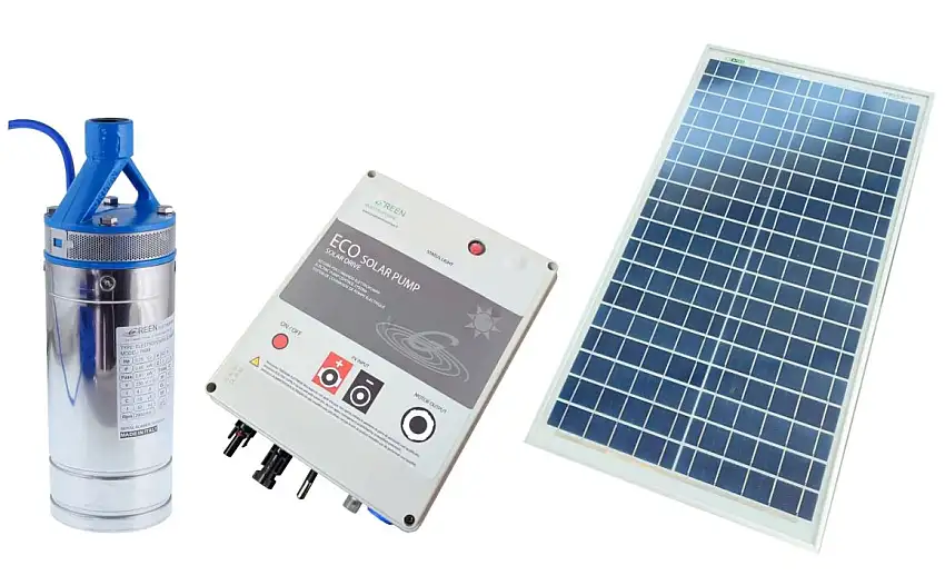 Pompa sommersa per acque chiare 12V DC Q/l 50-0 Hm 0-25 + 9mt cavo con quadro elettrico e pannello solare