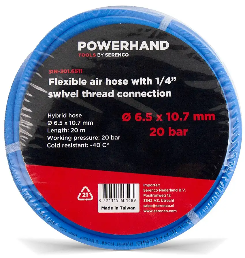 POWERHAND Tubo flessibile per aria 6,5 x 10,7 mm + attacco filettato da 1/4" - 20 metri