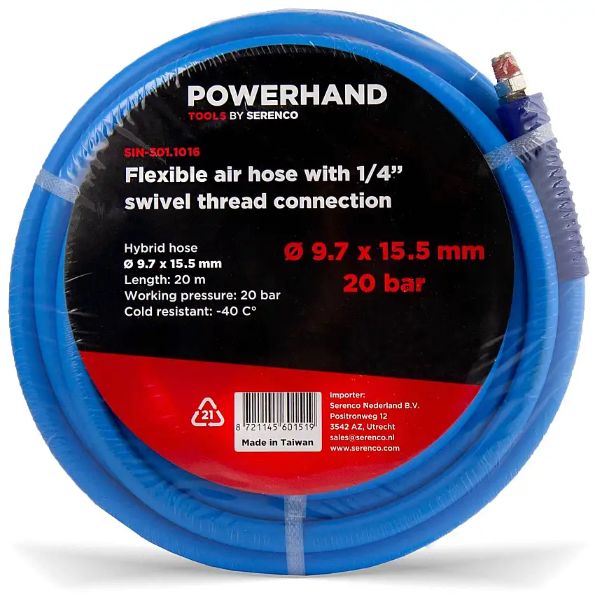 POWERHAND Tubo flessibile per aria 9,7 x 15,5 mm + attacco filettato da 1/4" - 20 metri